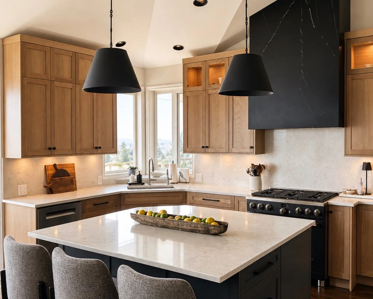 Custom kitchen with white oak cabinetry, a black marble range hood, quartz island, and vaulted ceiling by Amend Developments